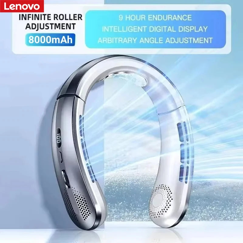 Lenovo 8000mAh Hanging Neck Fan USB Portable Bladeless Mini Rechargeable Mute LED Digital Display Electric Air Cooler Handheld