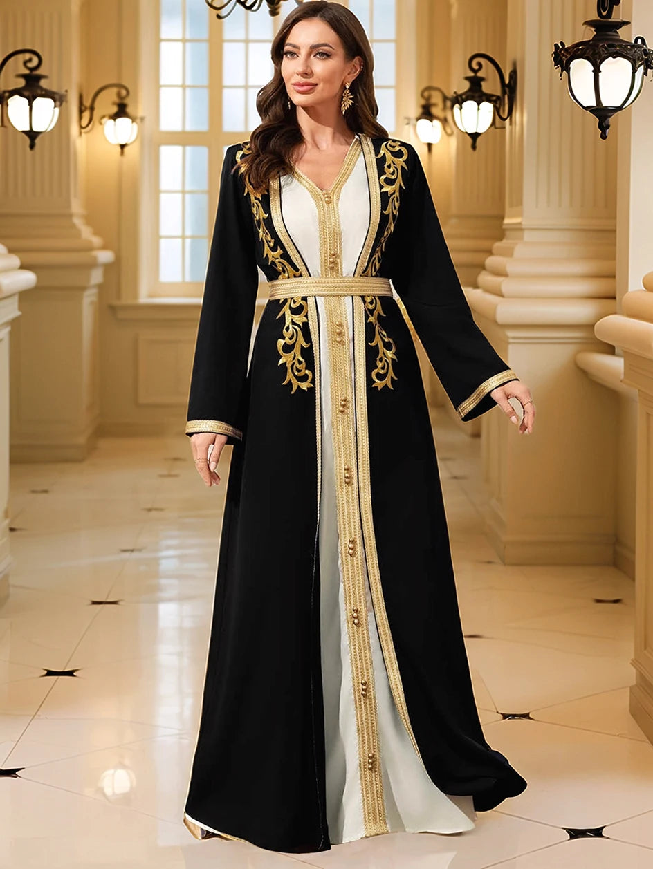 Middle East Women's Muslim Robe Moroccan Kaftan Abaya Gold Embroidered Eid Dress Islamic Dresses