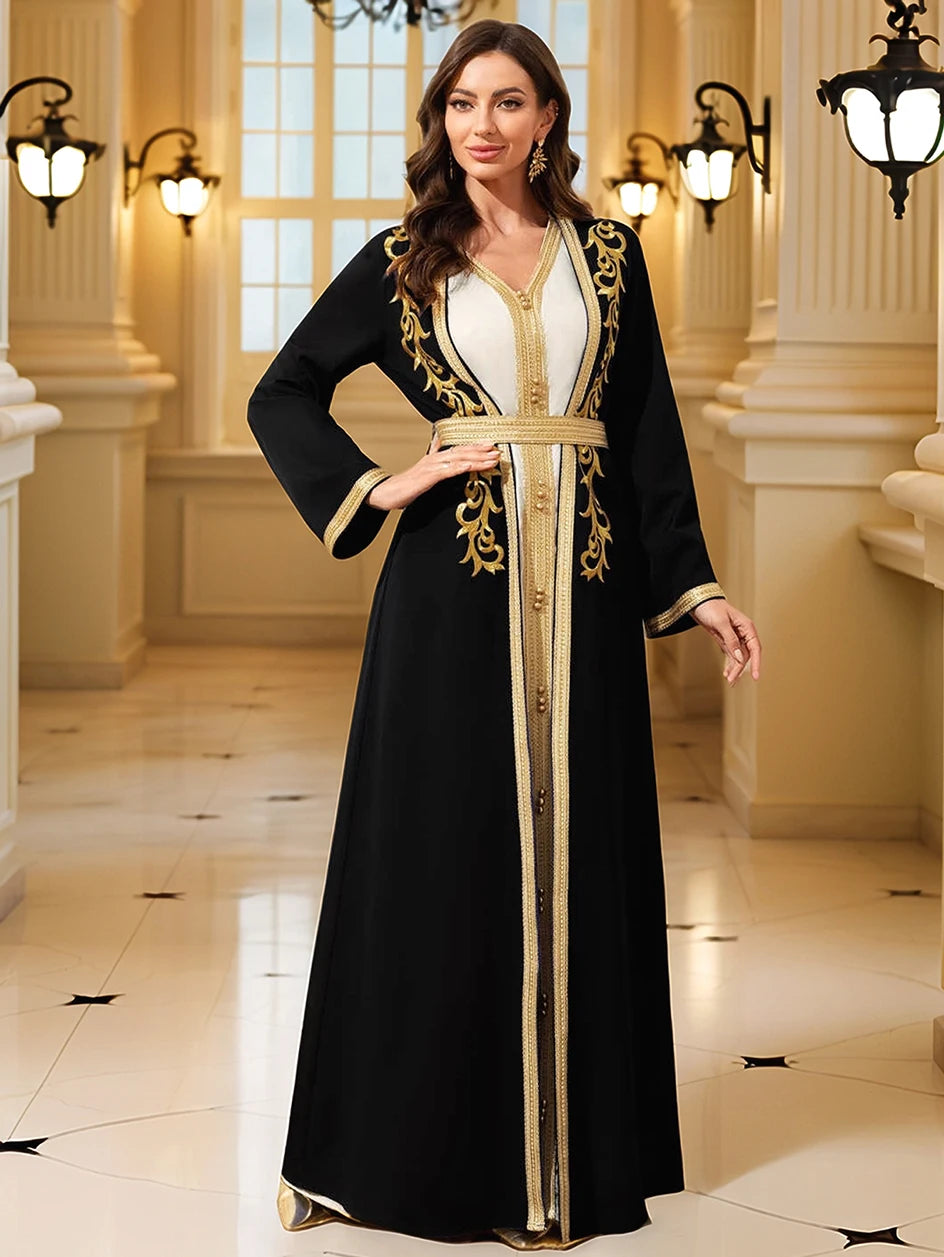 Middle East Women's Muslim Robe Moroccan Kaftan Abaya Gold Embroidered Eid Dress Islamic Dresses
