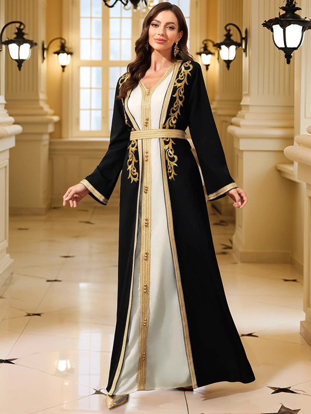 Middle East Women's Muslim Robe Moroccan Kaftan Abaya Gold Embroidered Eid Dress Islamic Dresses