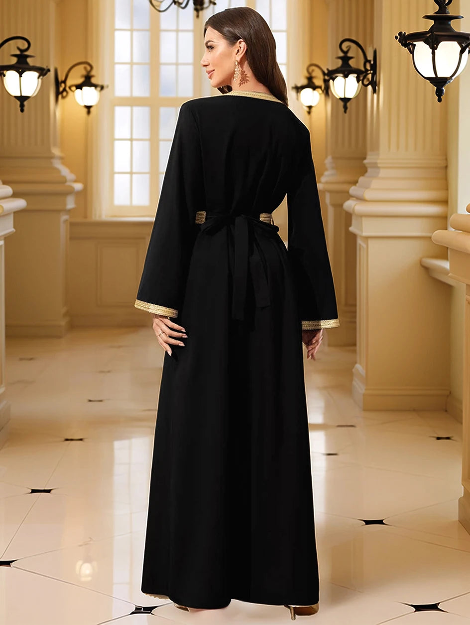 Middle East Women's Muslim Robe Moroccan Kaftan Abaya Gold Embroidered Eid Dress Islamic Dresses