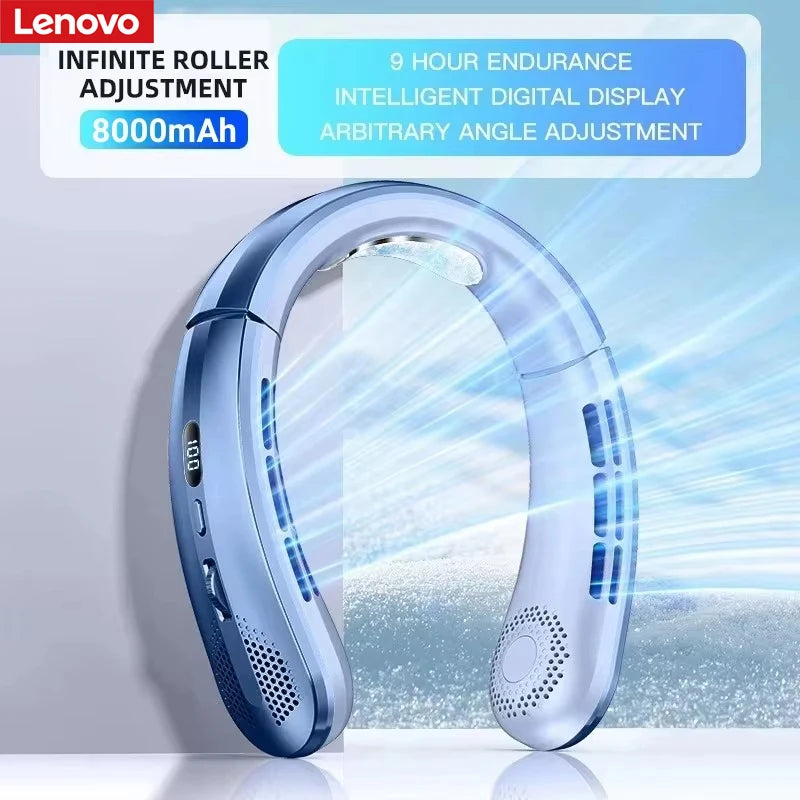 Lenovo 8000mAh Hanging Neck Fan USB Portable Bladeless Mini Rechargeable Mute LED Digital Display Electric Air Cooler Handheld
