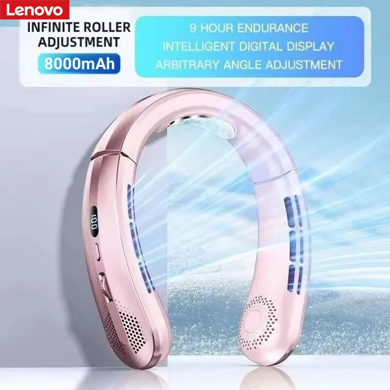 Lenovo 8000mAh Hanging Neck Fan USB Portable Bladeless Mini Rechargeable Mute LED Digital Display Electric Air Cooler Handheld