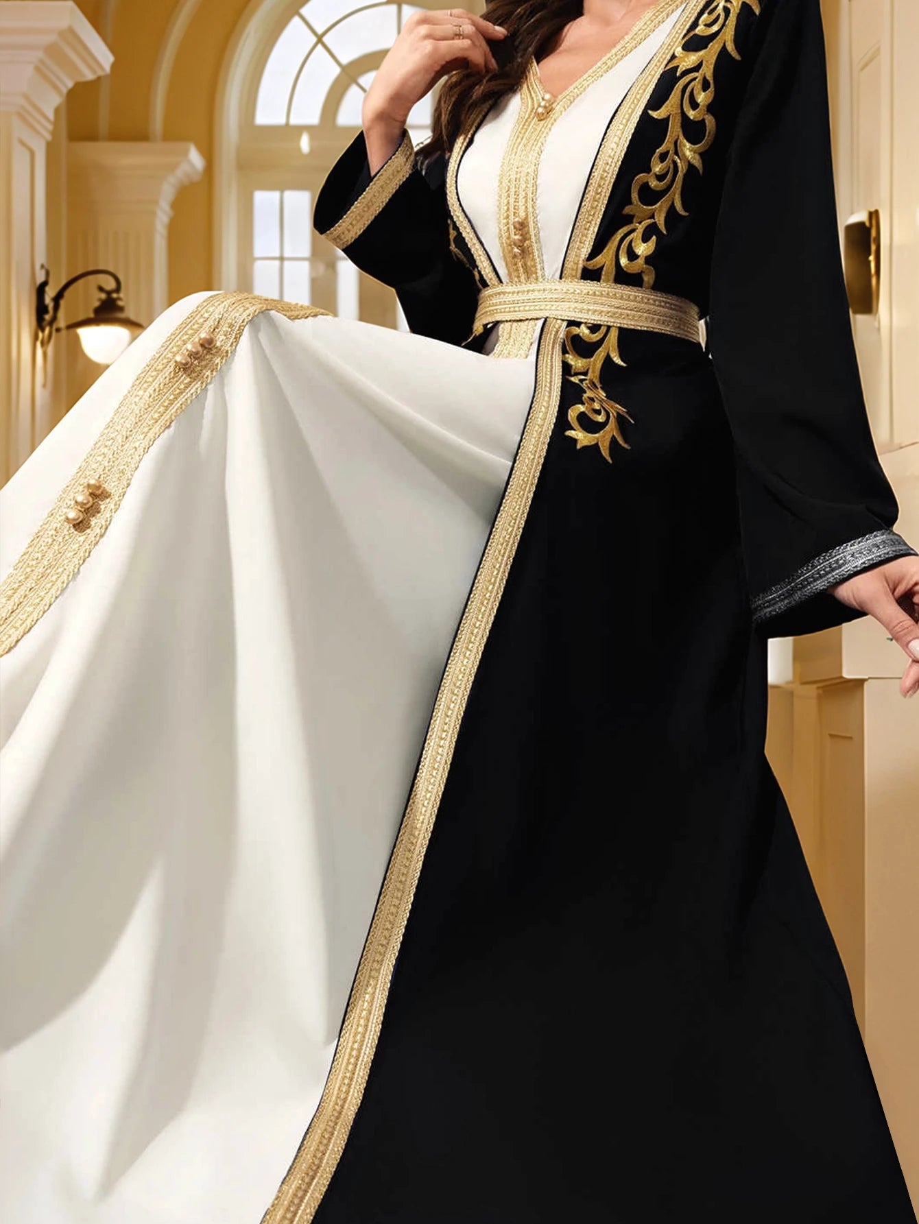 Middle East Women's Muslim Robe Moroccan Kaftan Abaya Gold Embroidered Eid Dress Islamic Dresses