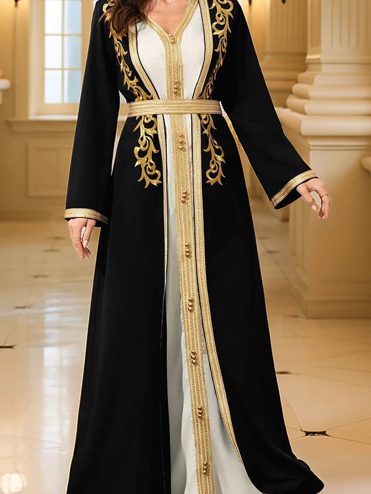 Middle East Women's Muslim Robe Moroccan Kaftan Abaya Gold Embroidered Eid Dress Islamic Dresses
