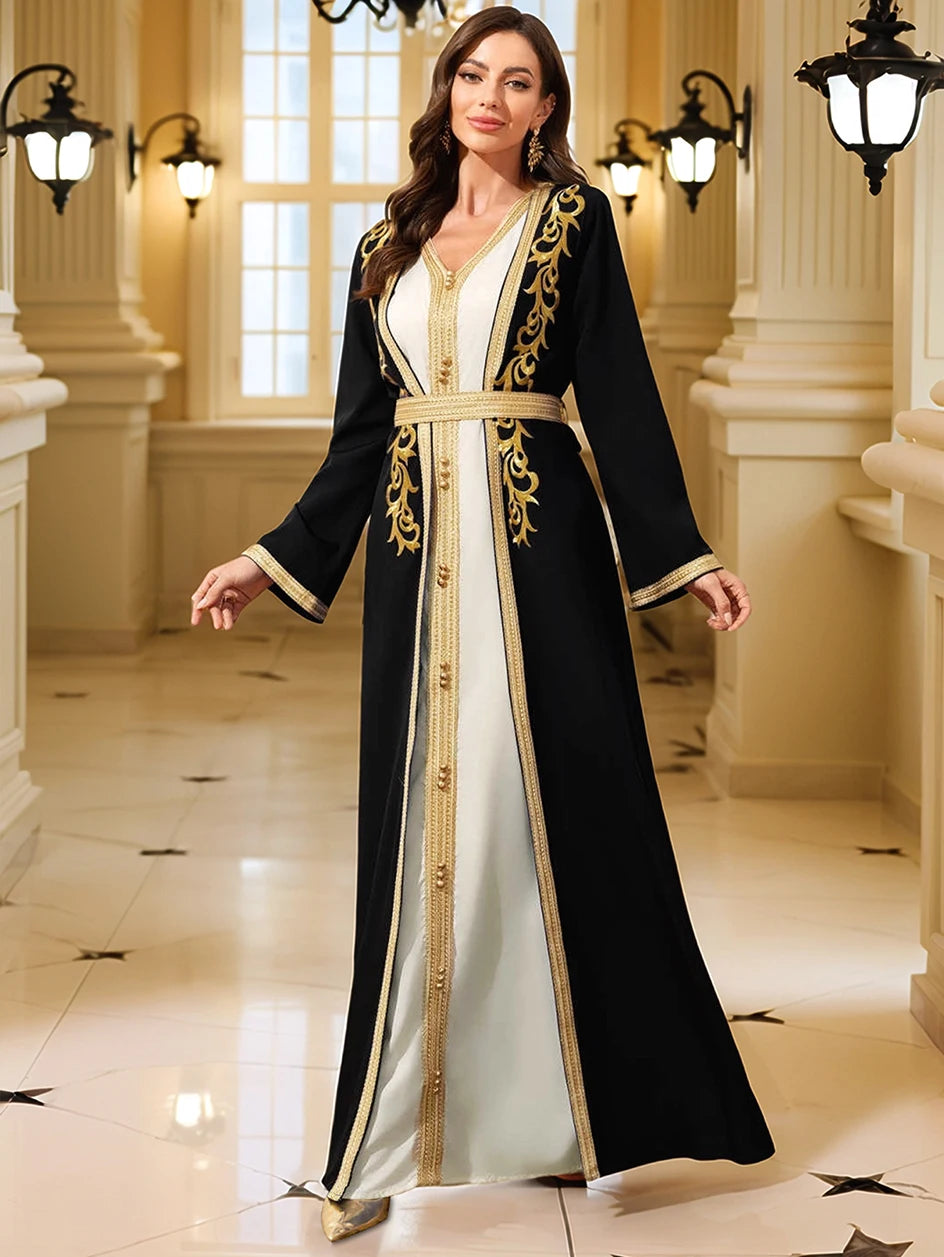 Middle East Women's Muslim Robe Moroccan Kaftan Abaya Gold Embroidered Eid Dress Islamic Dresses